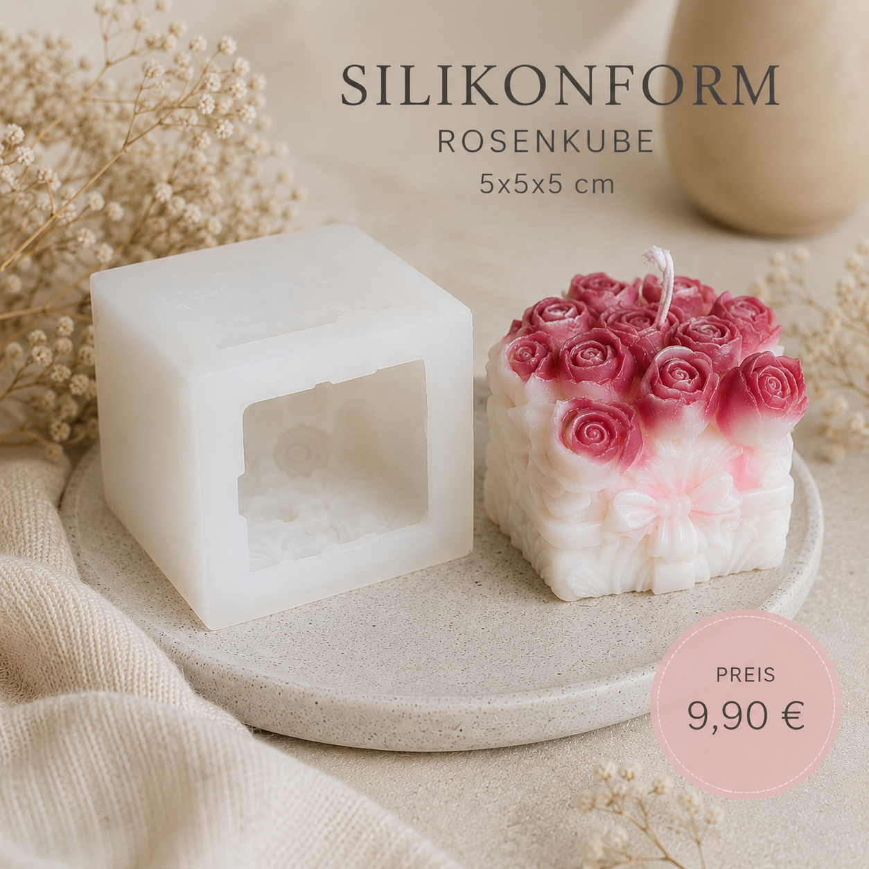 Silikonform Rosenwürfel 5x5x5 cm – DIY Kerzenform für Deko & Handmade