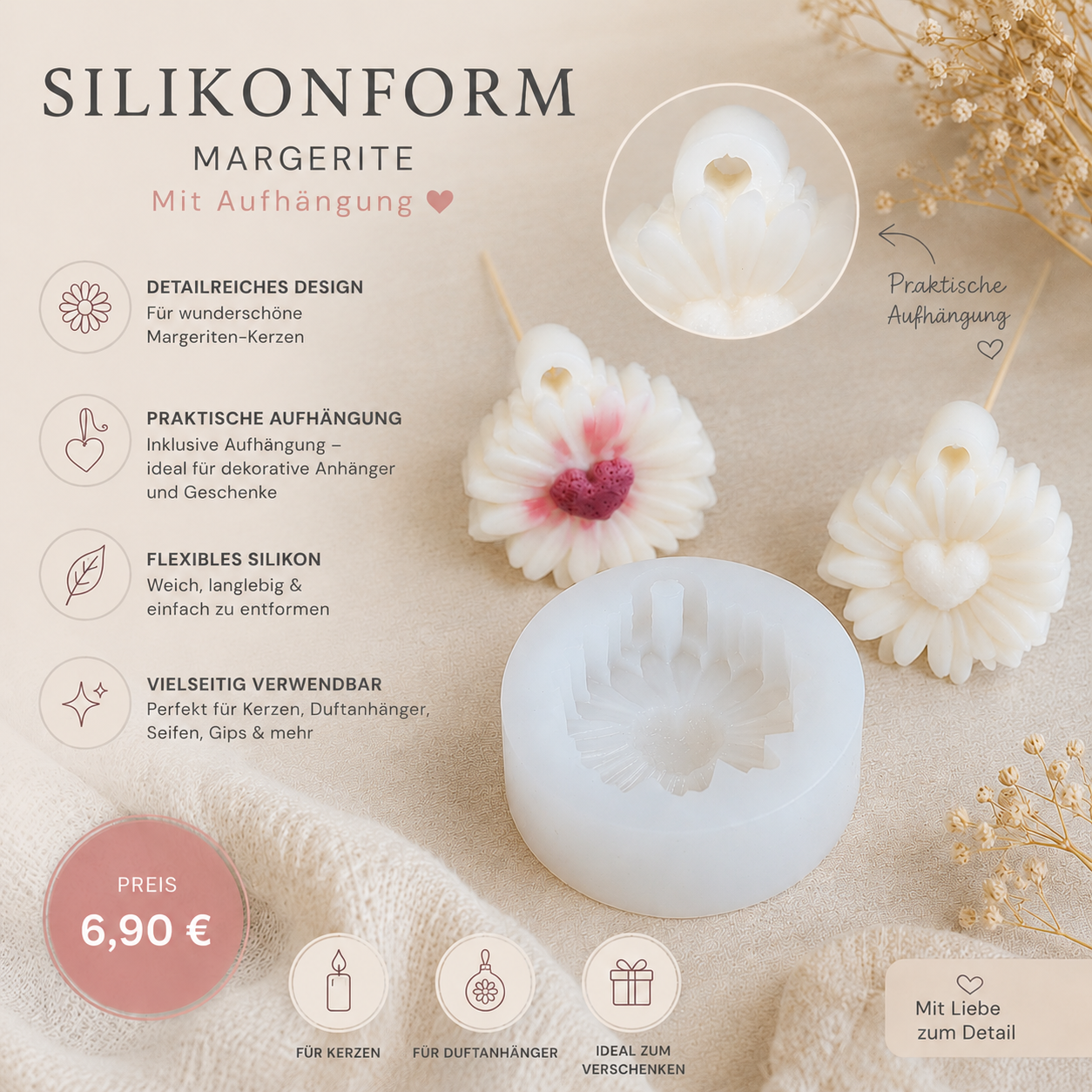 Silikonform Hänge- Margerite – DIY Blütenform für Kerzen, Seife & Deko