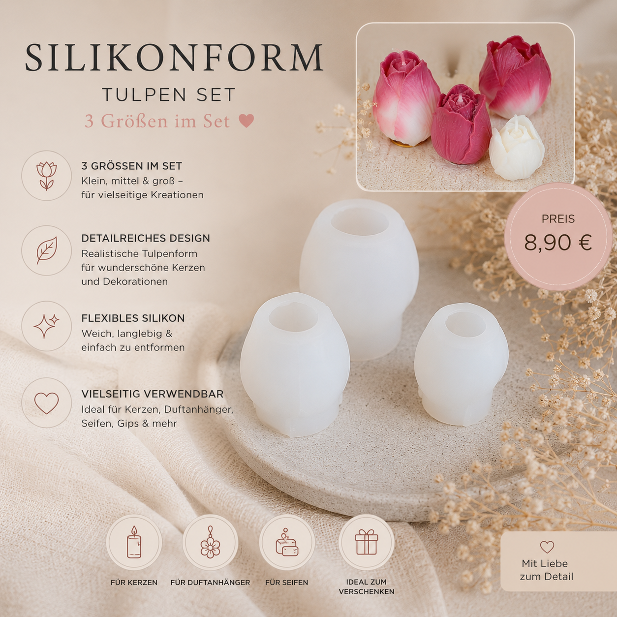 3er Tulpen Silikonform Set – DIY Blütenformen für Kerzen & Deko