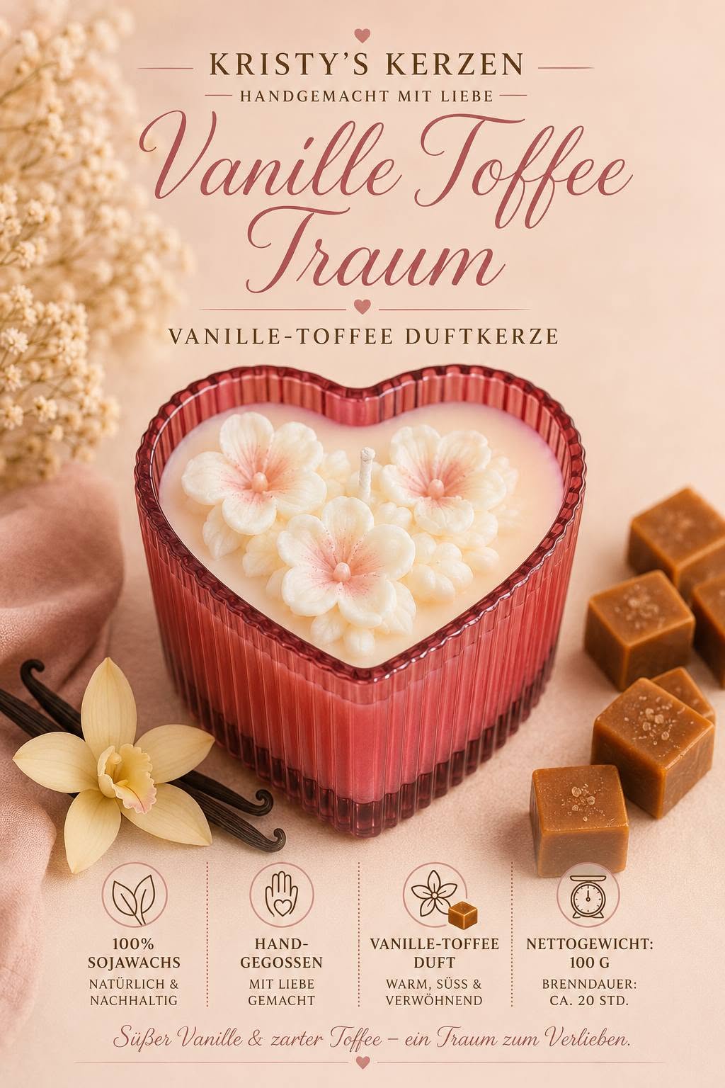 Vanille Toffee Traum – Duftkerze im roten Herzglas (100 g)