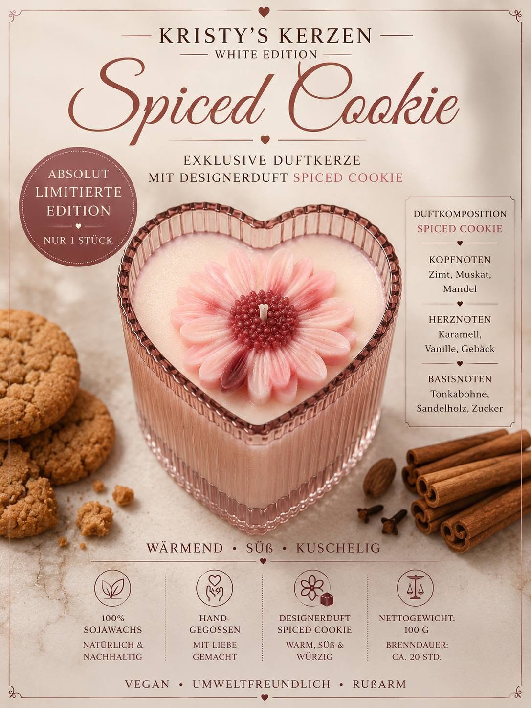 Spiced Cookie – Duftkerze im rosa Herzglas (100 g)