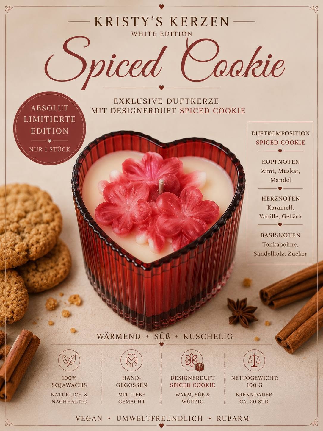 Spiced Cookie – Duftkerze im roten Herzglas (100 g)