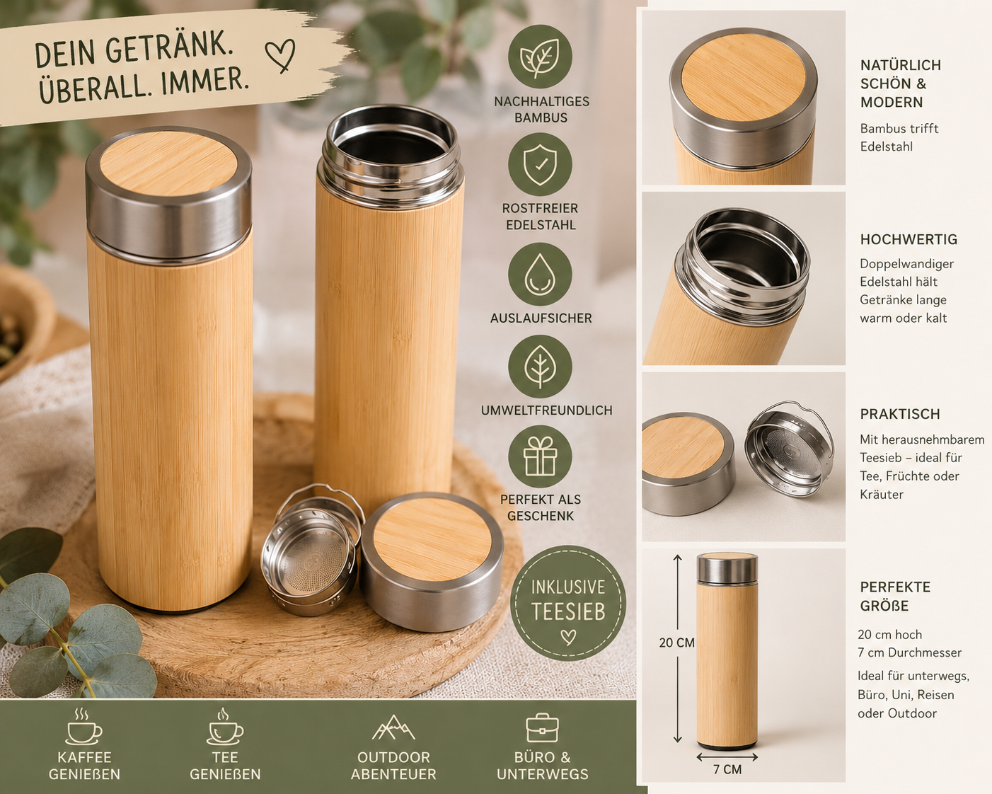 Personalisierte Bambus Thermosflasche mit Gravur