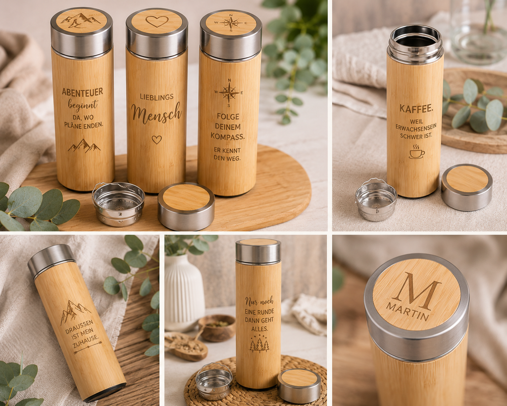 Personalisierte Bambus Thermosflasche mit Gravur