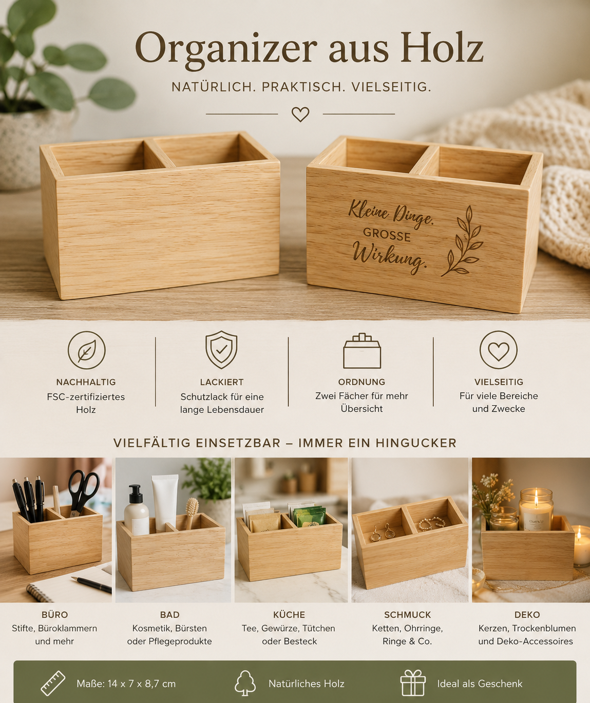 Personalisierter Holz Organizer mit 2 Fächern