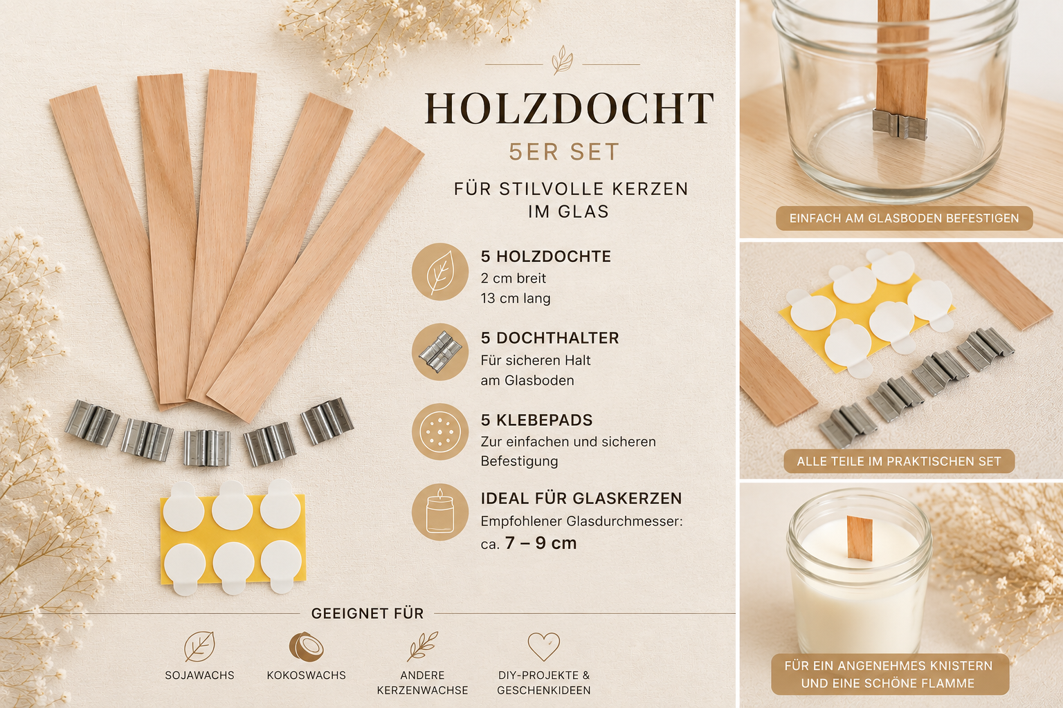 Holzdocht Set – 5 Stück mit Halter & Klebepads