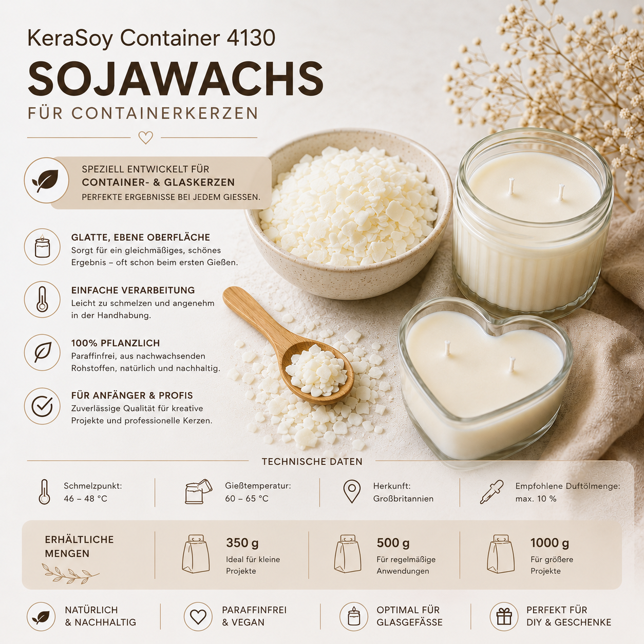 KeraSoy Container 4130 – Hochwertiges Sojawachs für Container- & Gläserkerzen