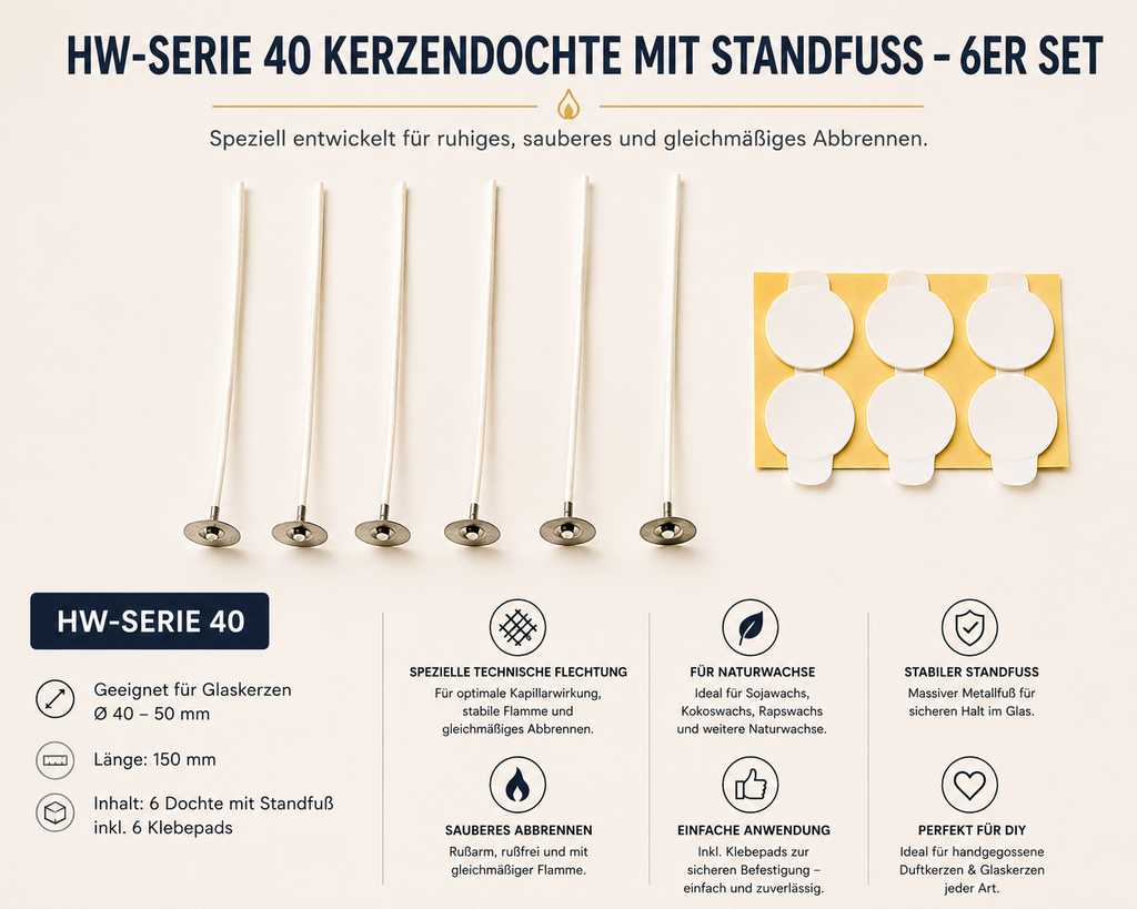 HW-Serie Kerzendochte mit Standfuß – 6er Set