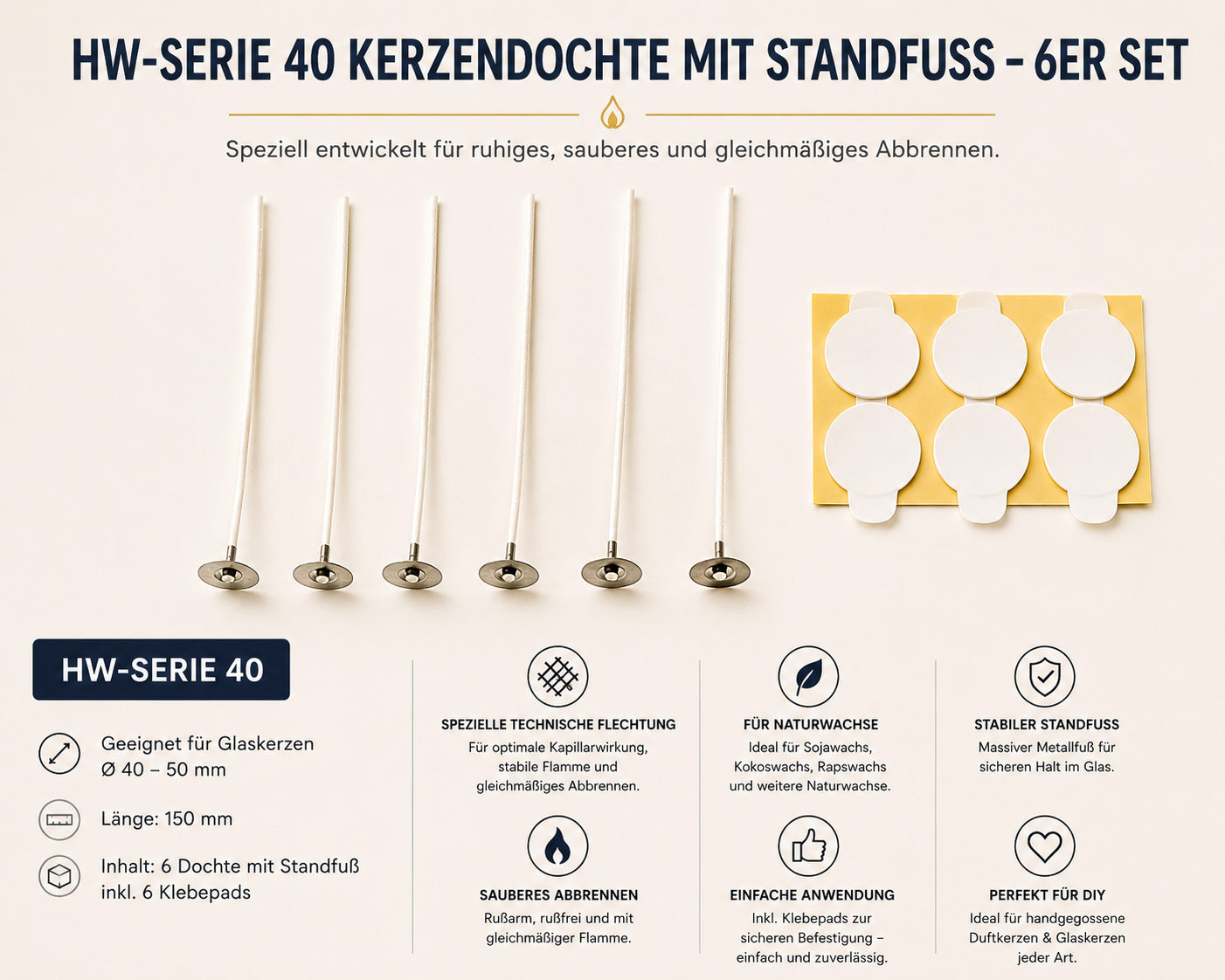 HW-Serie Kerzendochte mit Standfuß – 6er Set