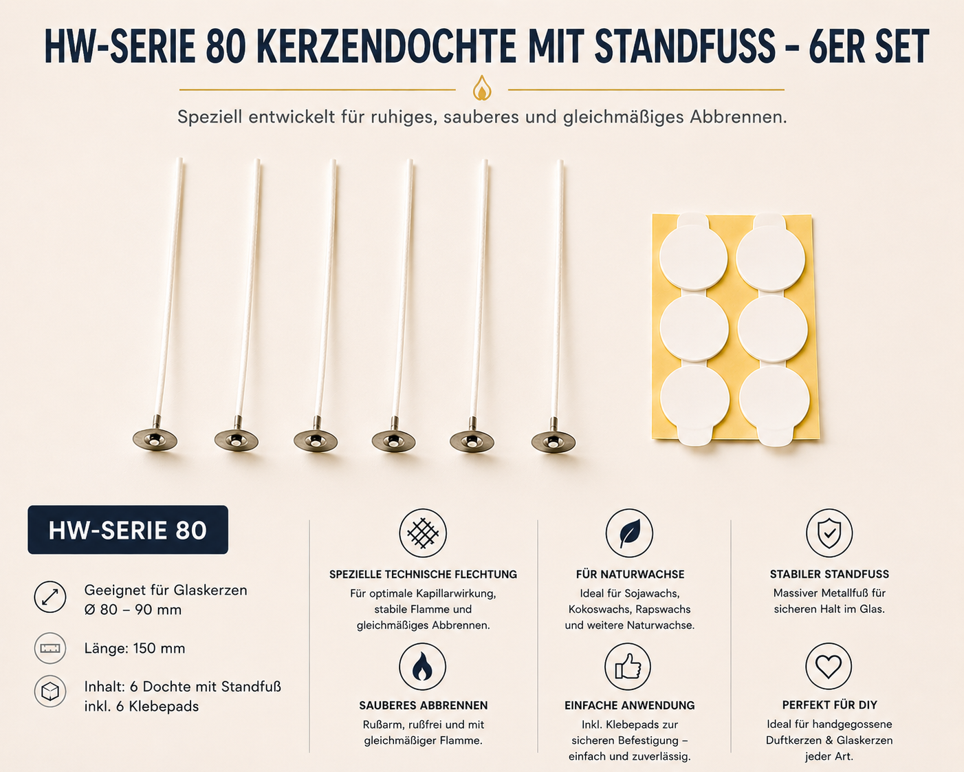 HW-Serie Kerzendochte mit Standfuß – 6er Set