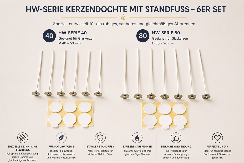 HW-Serie Kerzendochte mit Standfuß – 6er Set