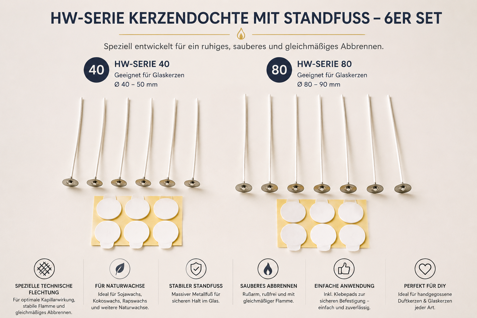 HW-Serie Kerzendochte mit Standfuß – 6er Set