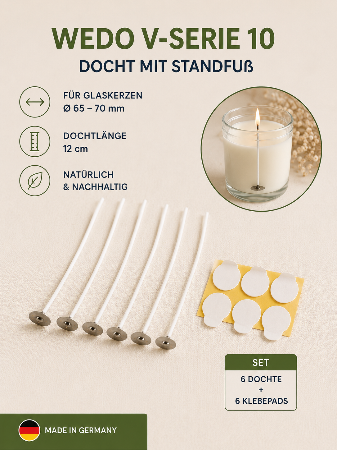WEDO V-Serie Kerzendocht mit Standfuß – 6er Set