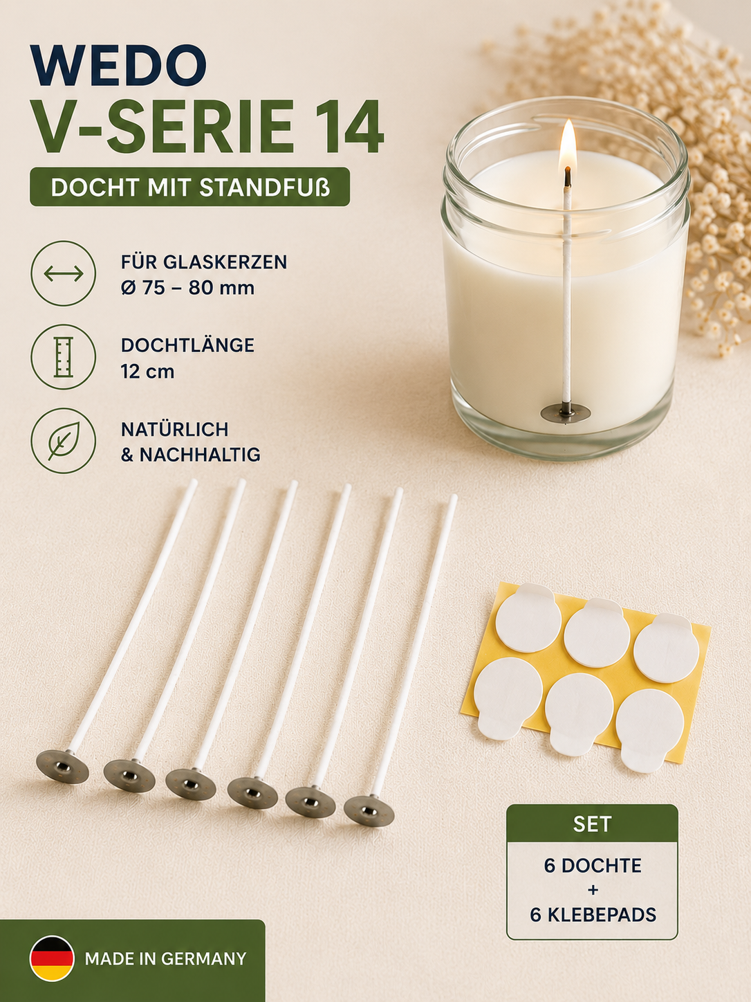 WEDO V-Serie Kerzendocht mit Standfuß – 6er Set